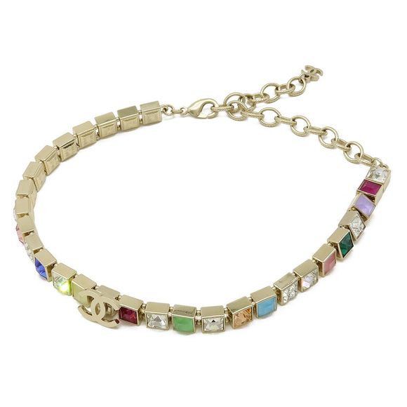 Chanel Coco Mark Square Rhinestone Choker Necklace GP Gold Multicolor A21 K - Picture 1 of 7